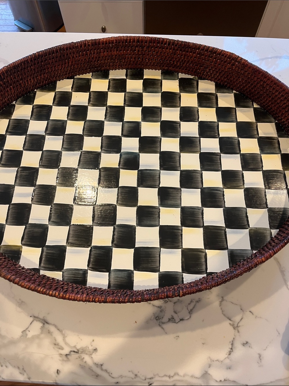 Mackenzie Childs XL oval rattan &courtly check Serving Tray!  VG condition.